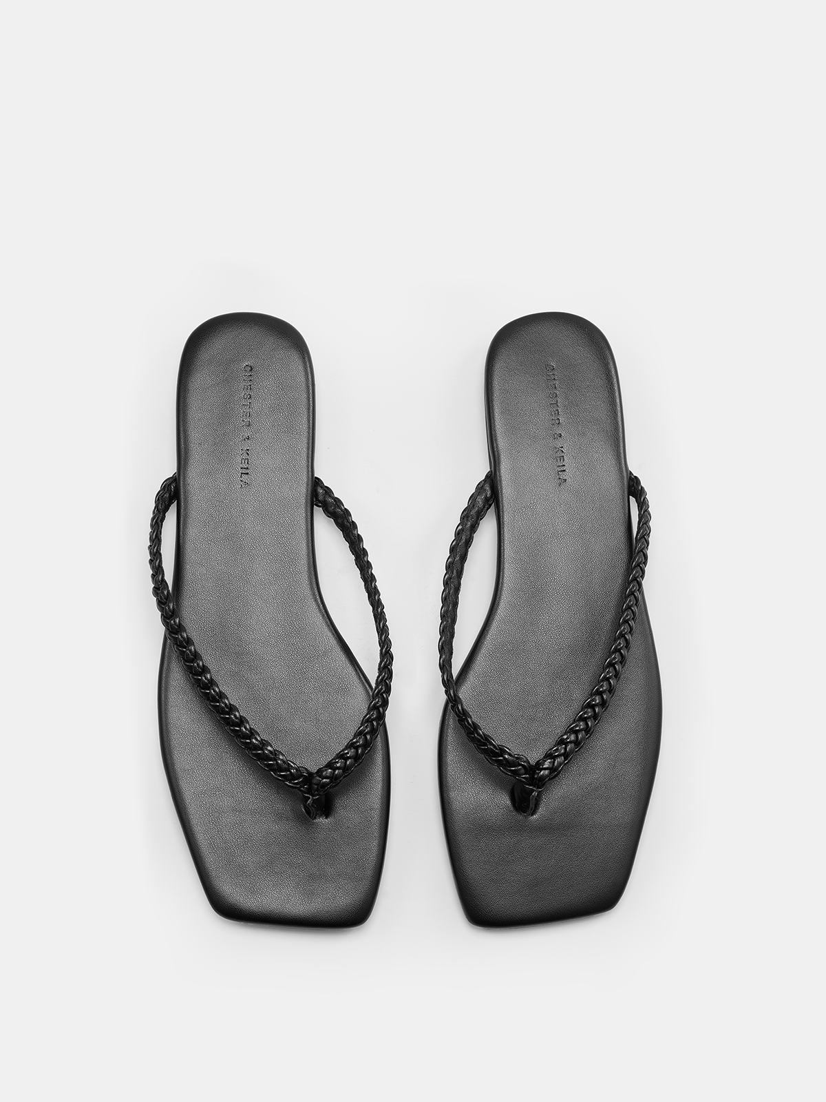 Cow Leather Square Toe Braided Thong Flip-Flops