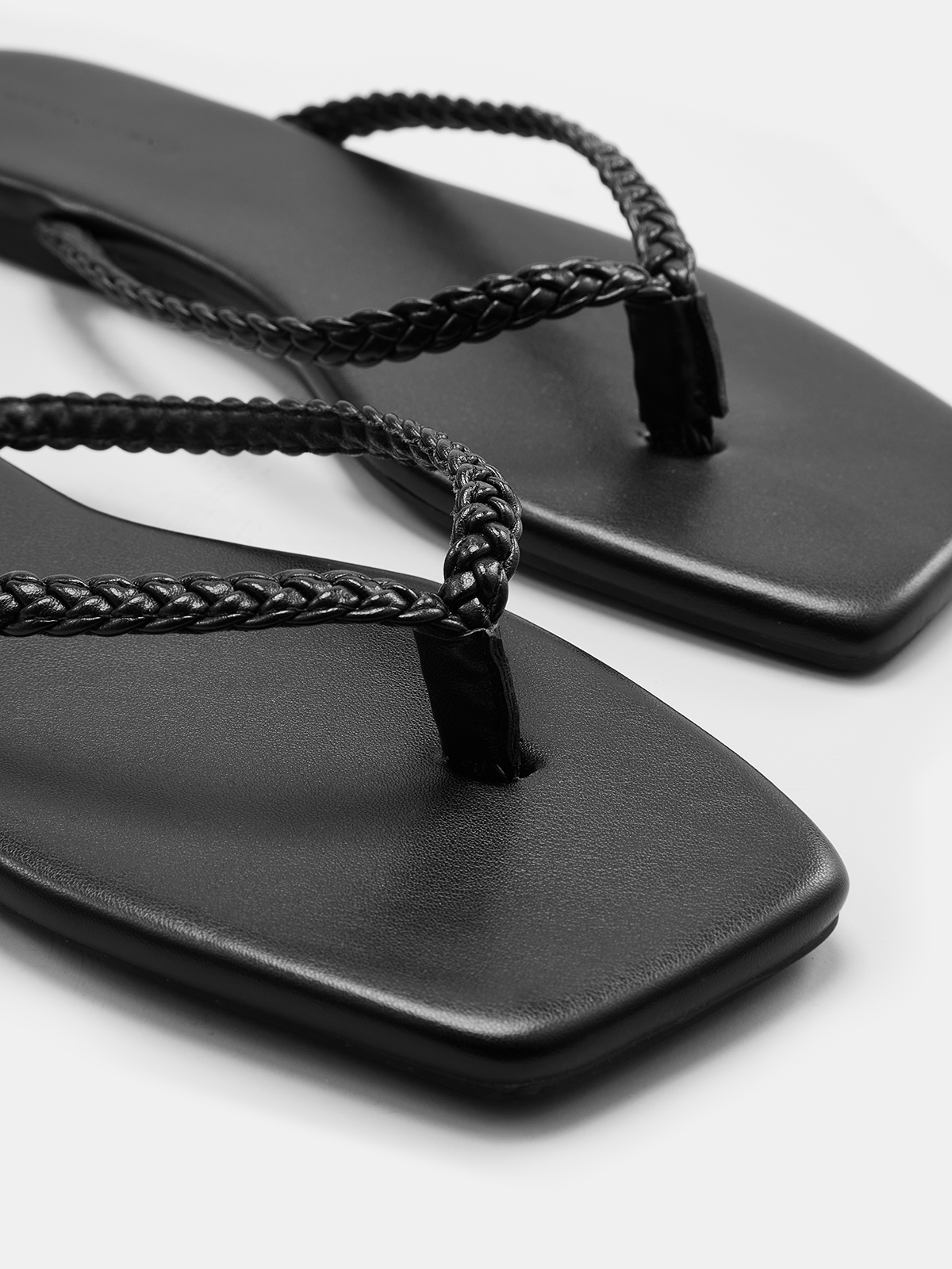 Cow Leather Square Toe Braided Thong Flip-Flops