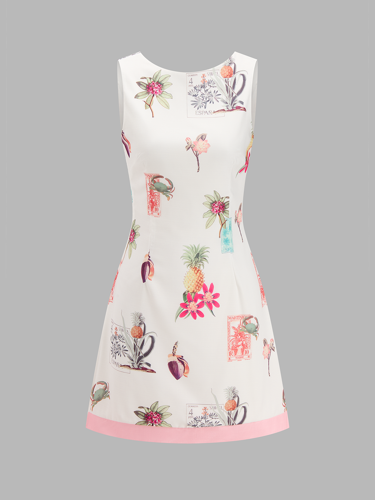 Baumwoll-Leinenkleid mit tropischem Print und ohne Ärmel