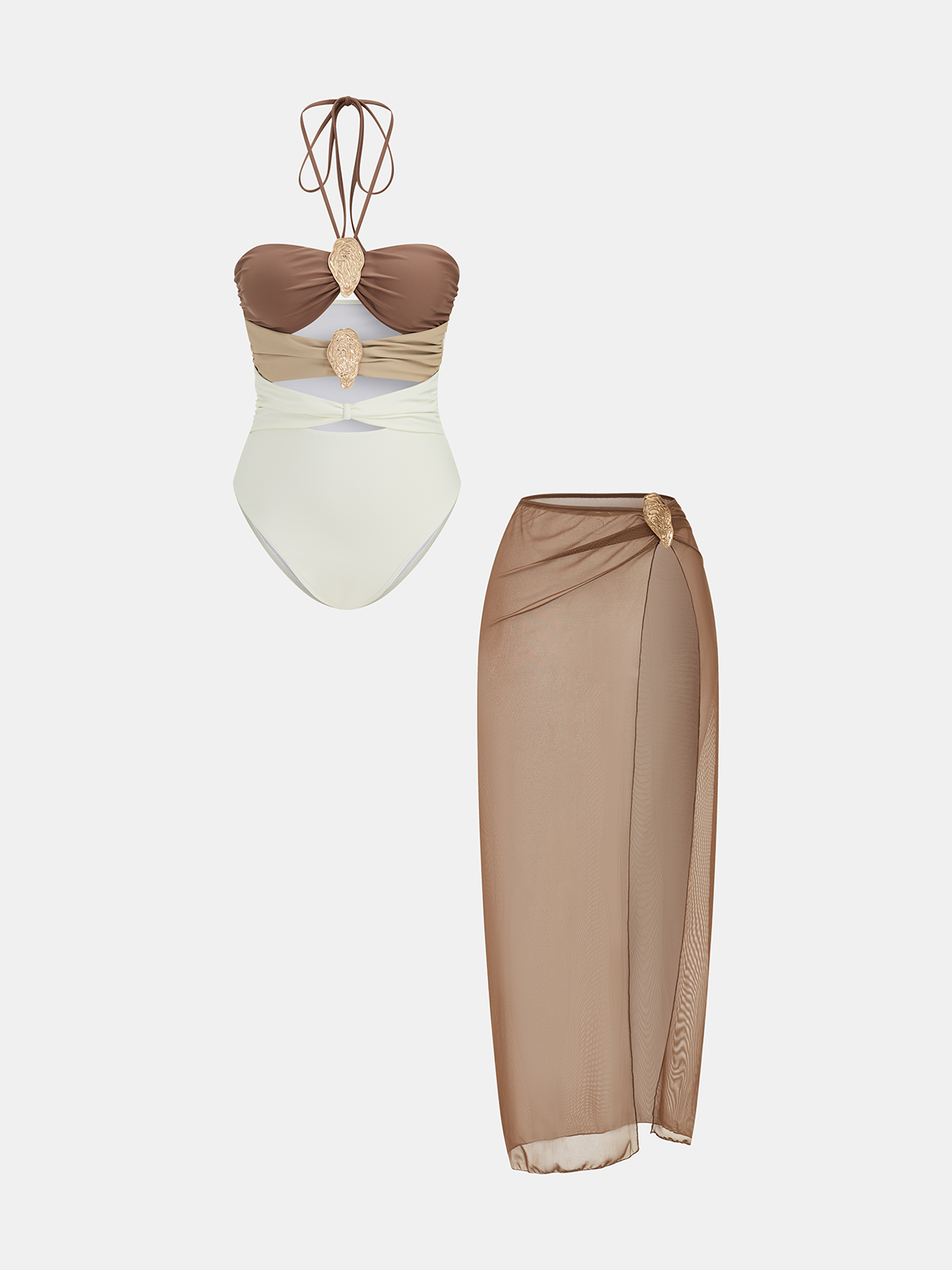 Color Block One-Piece Swimsuit & Cover-Up Skirt Set