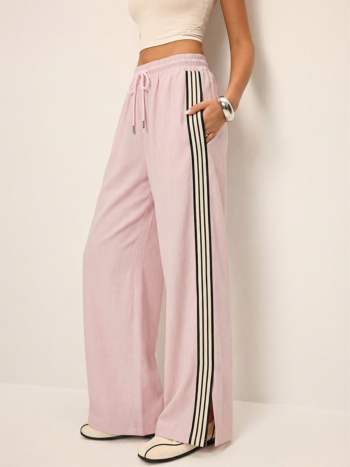 Cotton Linen Striped Split Drawstring Pants