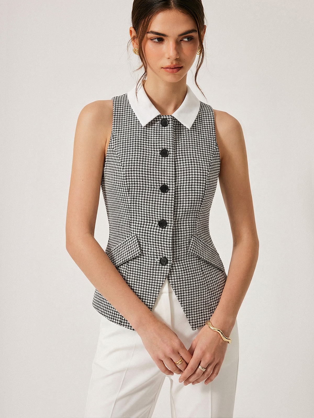 Houndstooth Collared Button Down Vest
