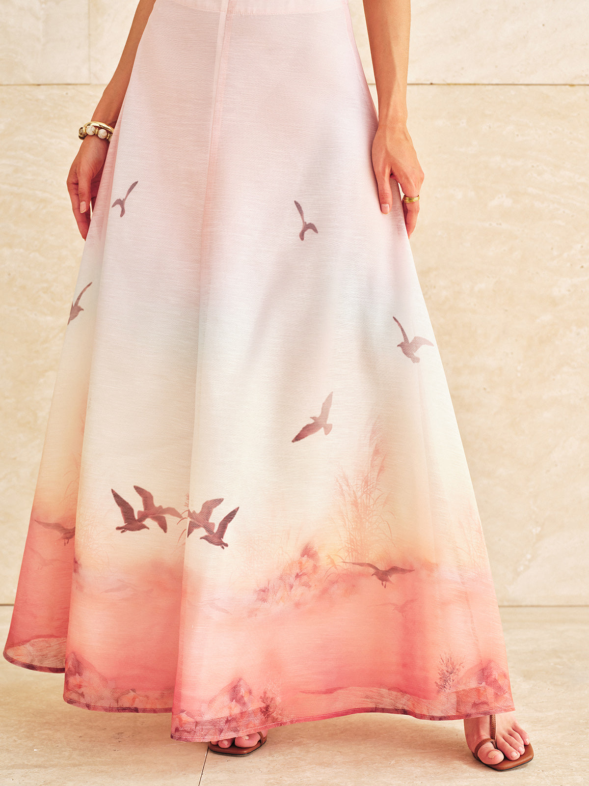 V-Neck Top & Sunset Bird Print Skirt Set