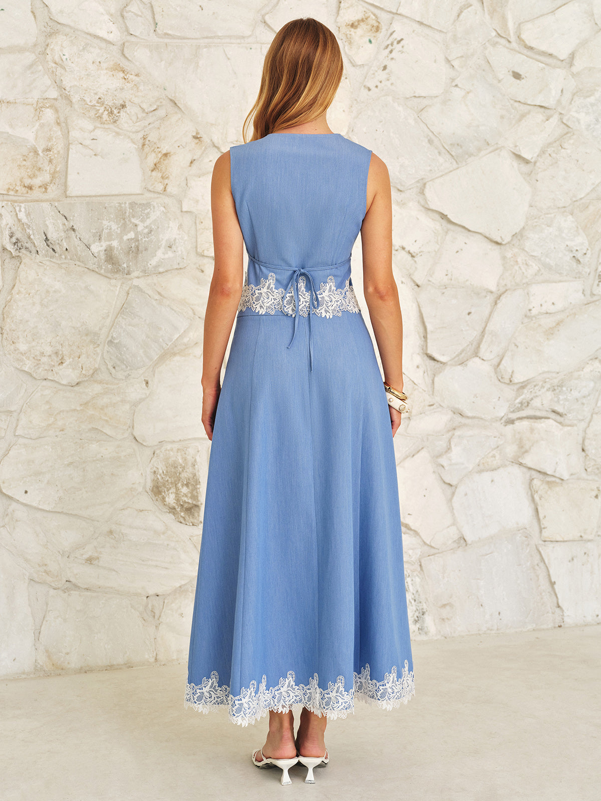 Lace Trim V-Neck Top & Maxi Skirt Set