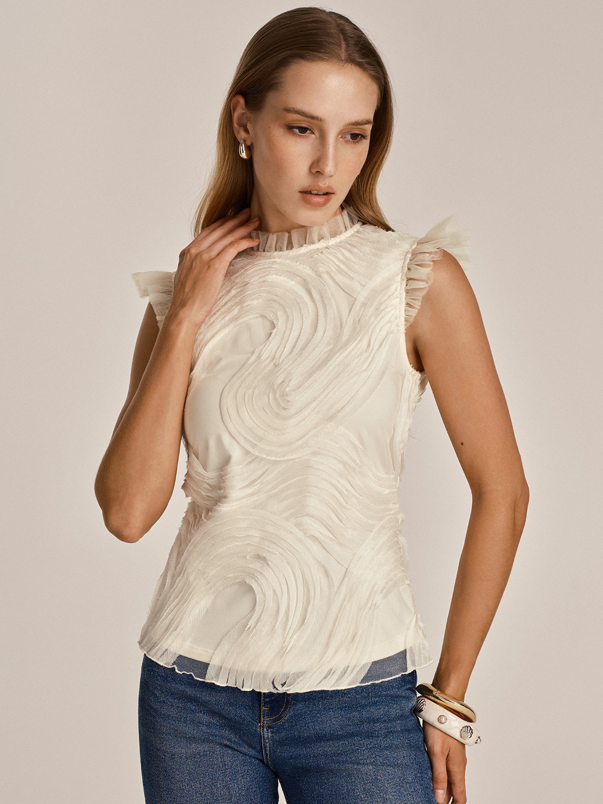 Textured Ruffled Mesh Tank Top