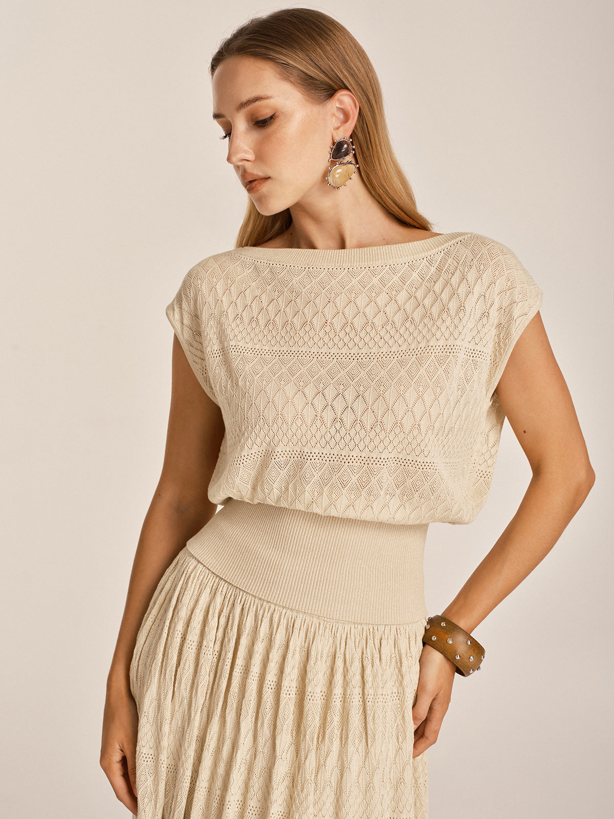 Openwork Knit Boat Neck Sleeveless Top
