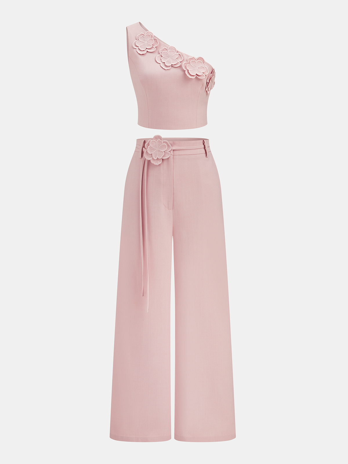 3D-Blumen-Ein-Schulter-Crop-Top und Hosen-Set