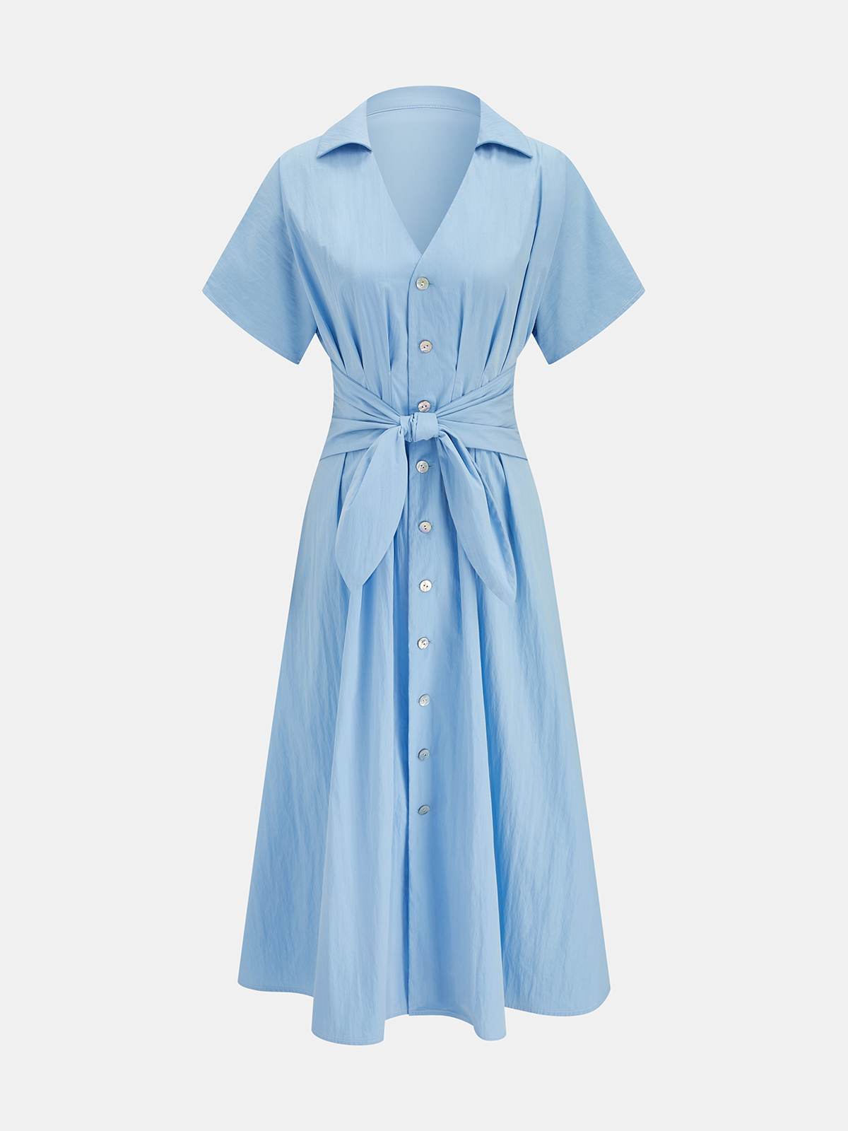Short Sleeve Button Tie-Waist Midi Dress