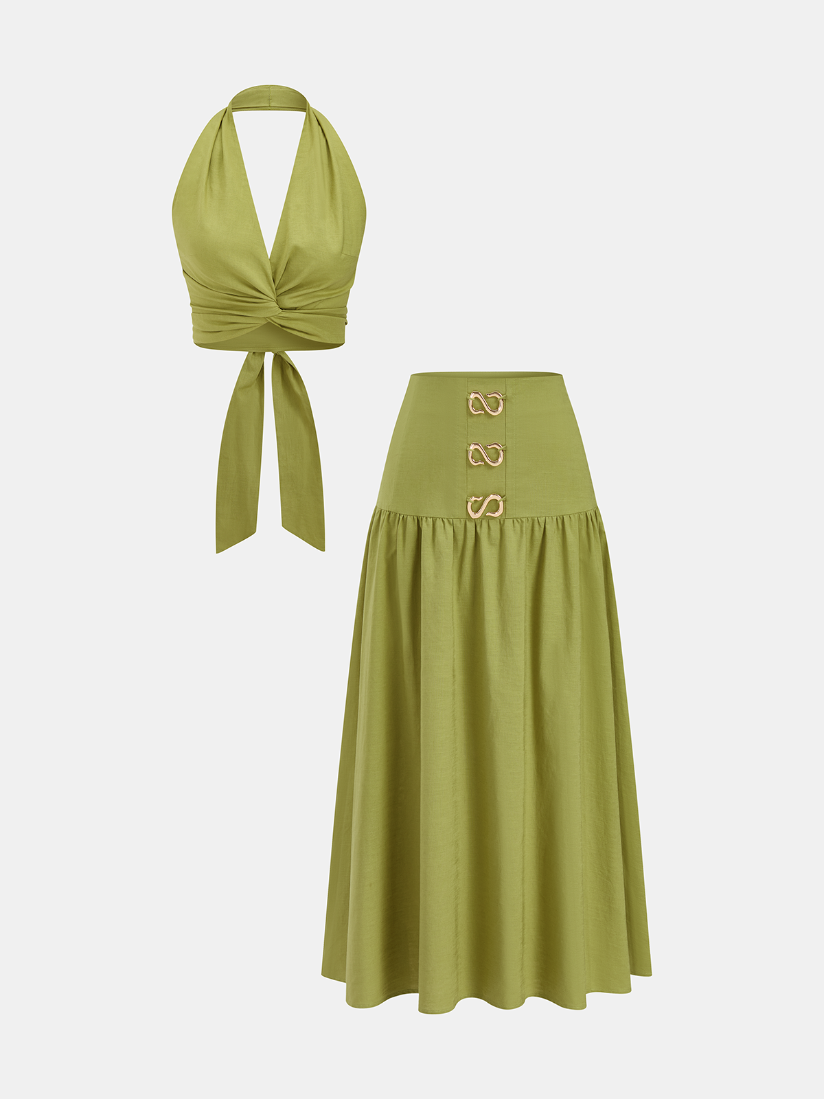 Cotton Linen Halter Twist Top & Skirt Set