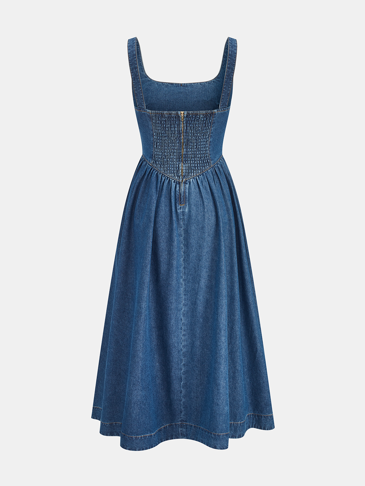 Denim Square Neck Tie Front Midi Dress