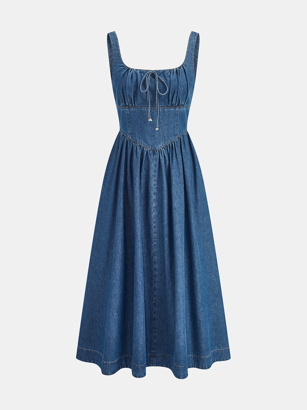 Denim Square Neck Tie Front Midi Dress