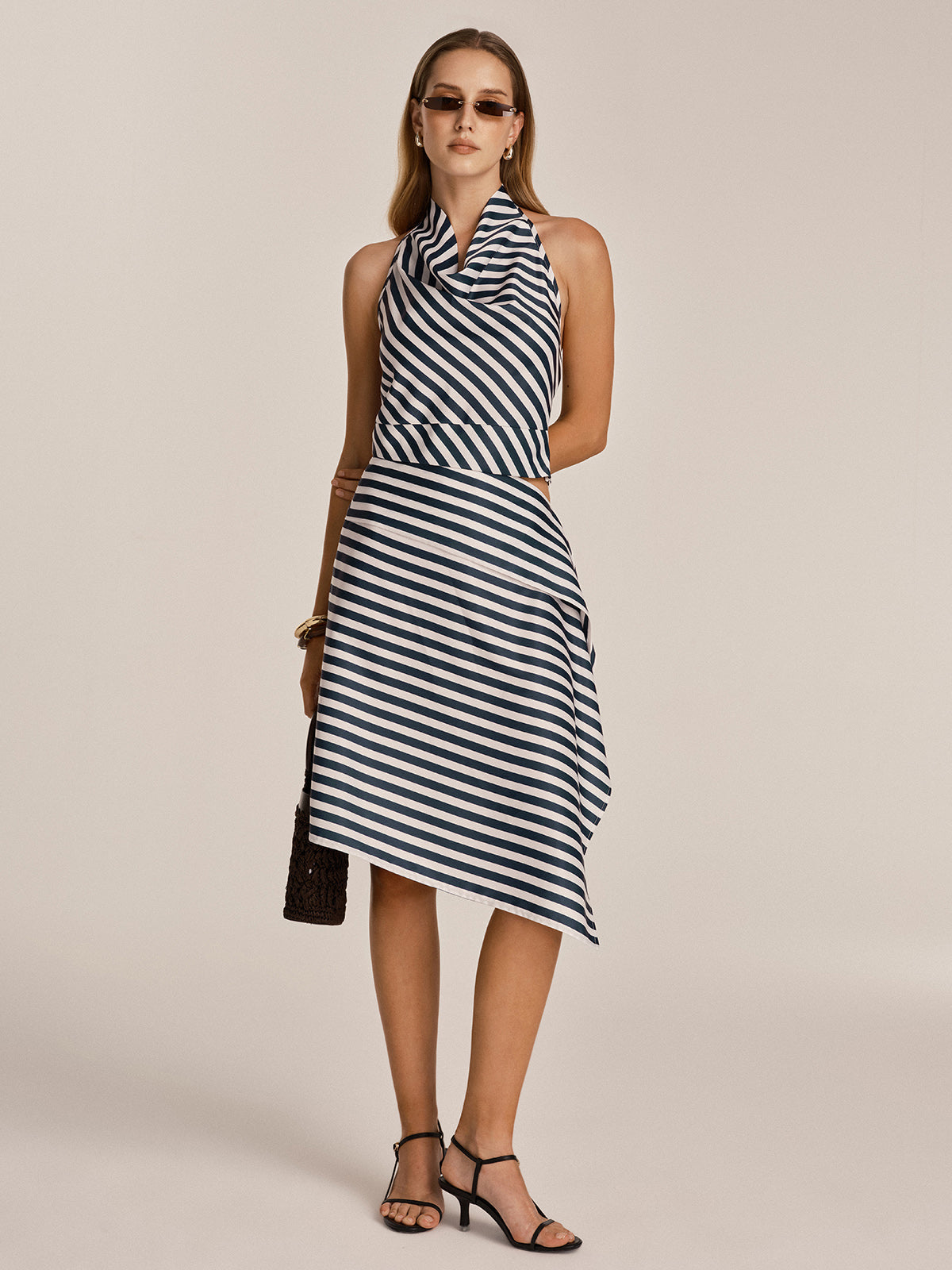 Striped Halter Top & Asymmetrical Midi Skirt Set