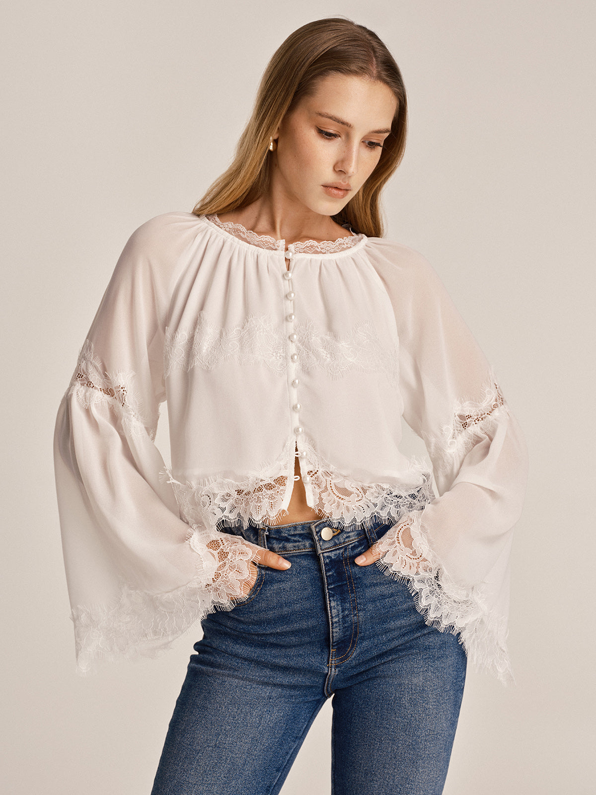 Sheer Chiffon Lace Trim Bell Sleeve Blouse