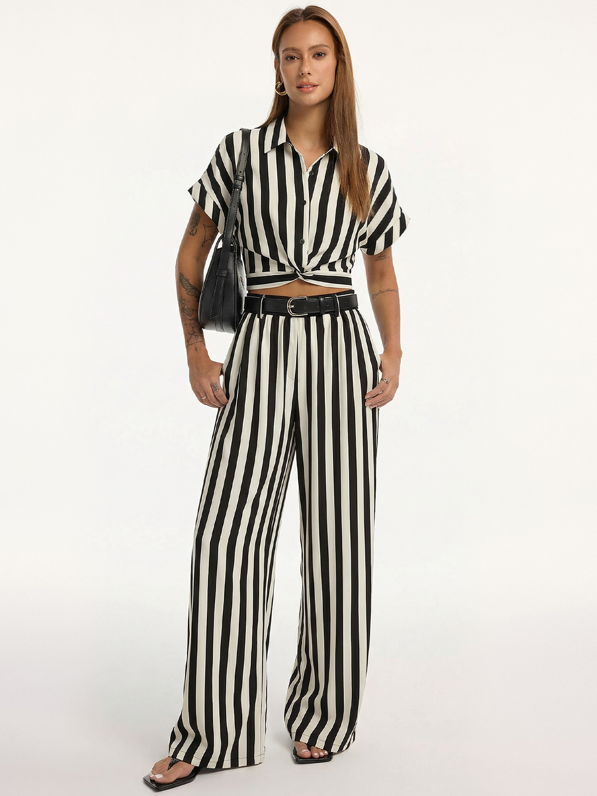 Striped Twisted Shirt & Belted Pants Set