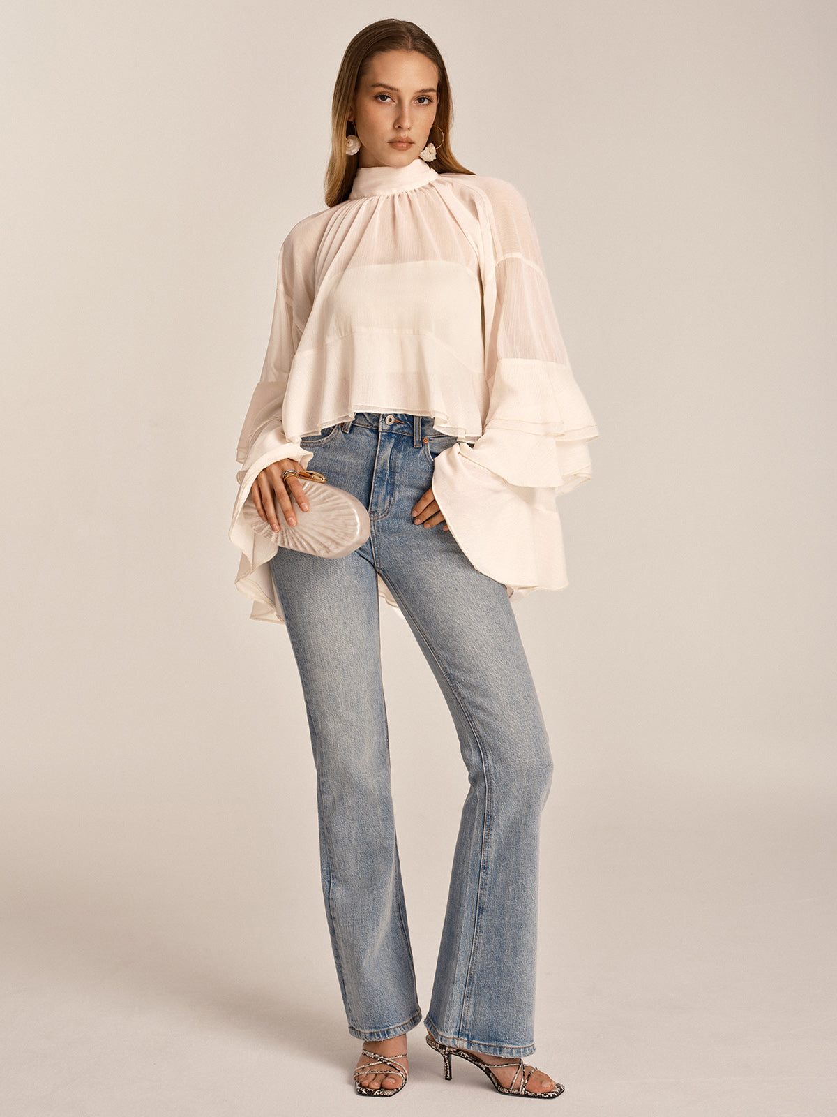 Chiffon High Neck Ruffle Bell Sleeve Blouse
