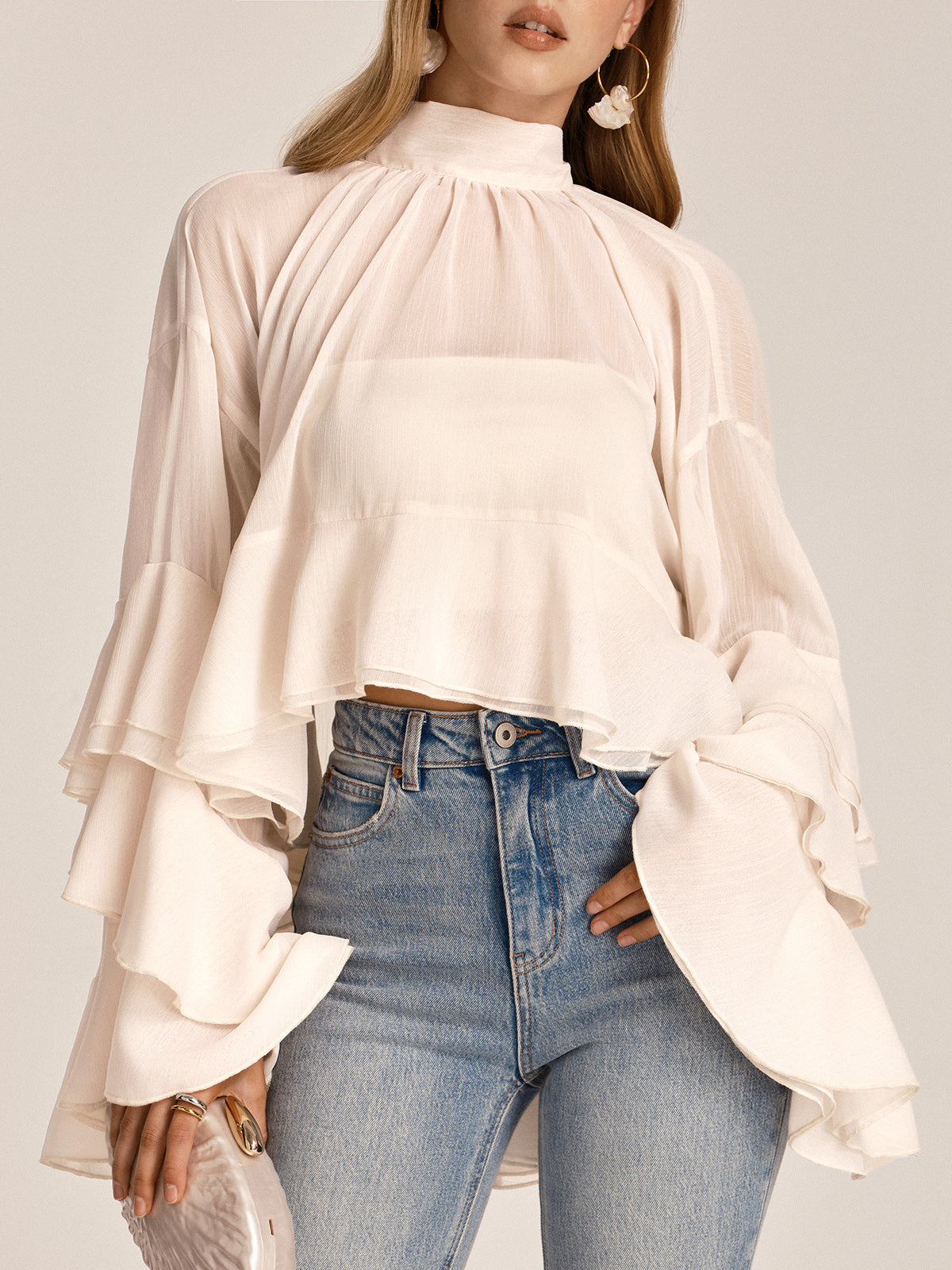 Chiffon High Neck Ruffle Bell Sleeve Blouse