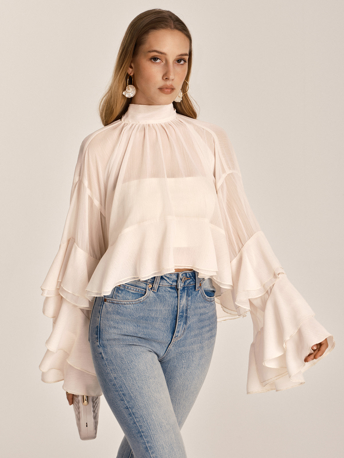 Chiffon High Neck Ruffle Bell Sleeve Blouse