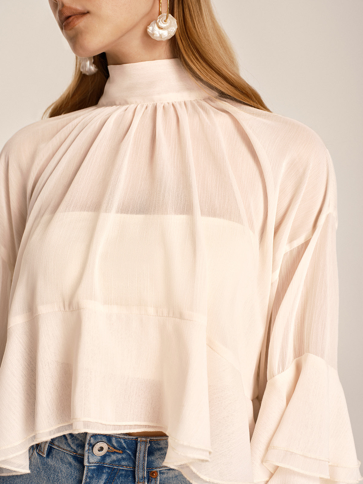 Chiffon High Neck Ruffle Bell Sleeve Blouse