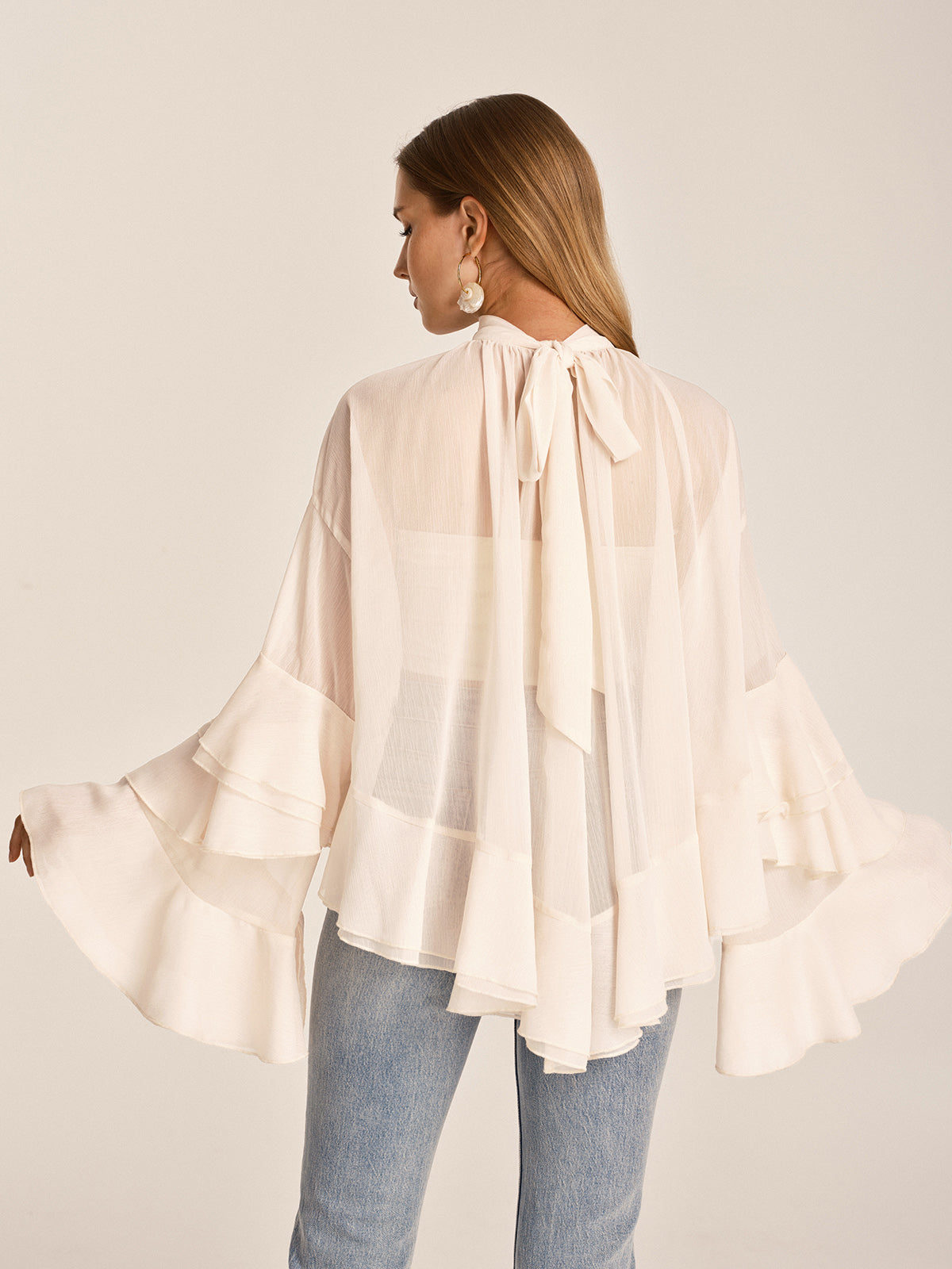 Chiffon High Neck Ruffle Bell Sleeve Blouse
