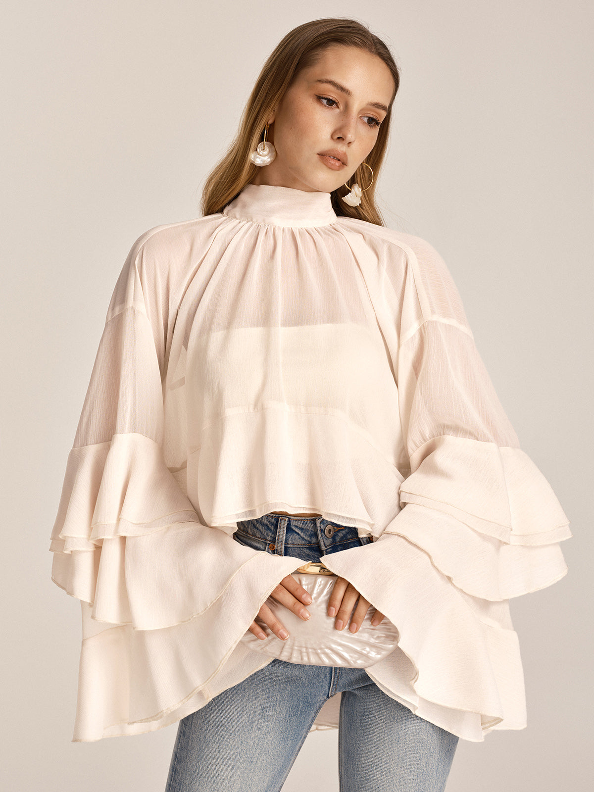 Chiffon High Neck Ruffle Bell Sleeve Blouse