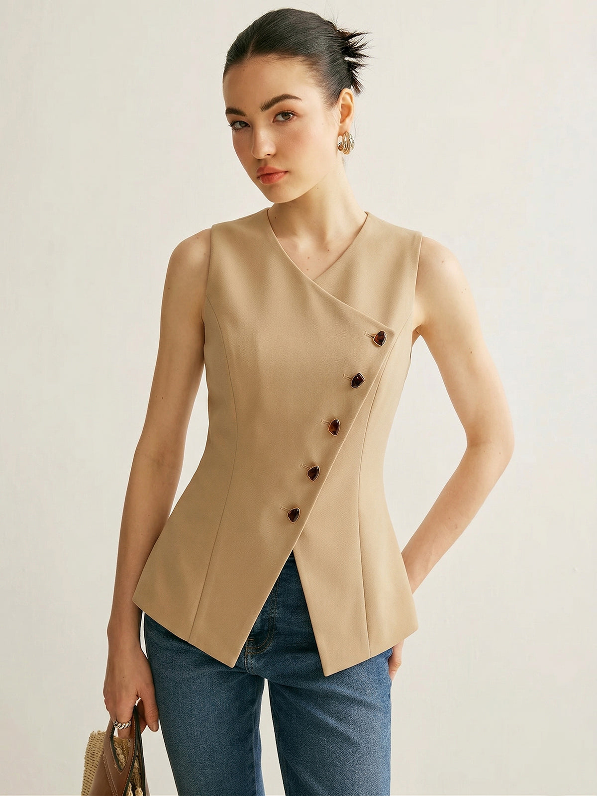 Slim Fit Amber Button Asymmetrical Vest