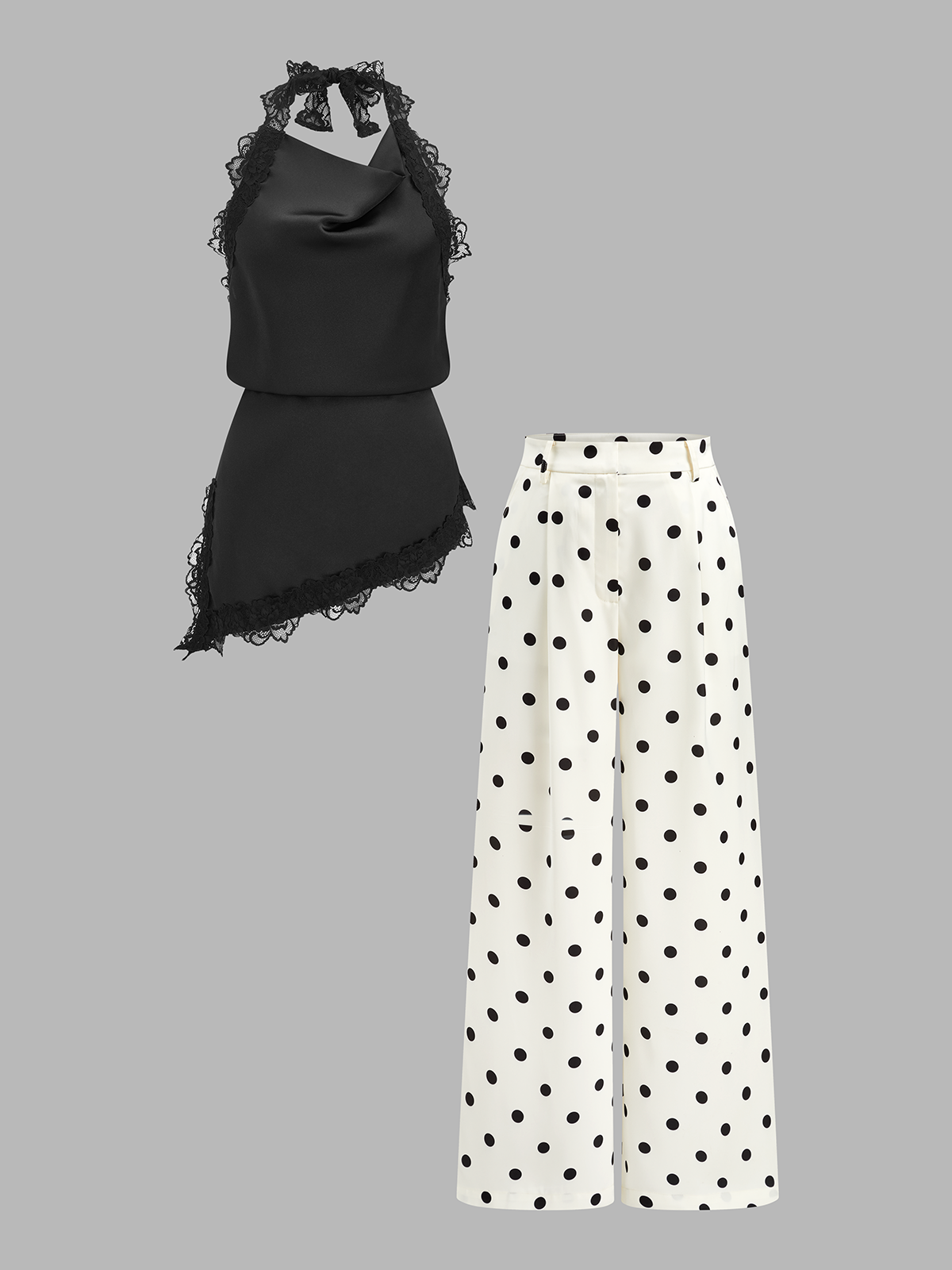 Ensemble top licou en dentelle et pantalon à pois