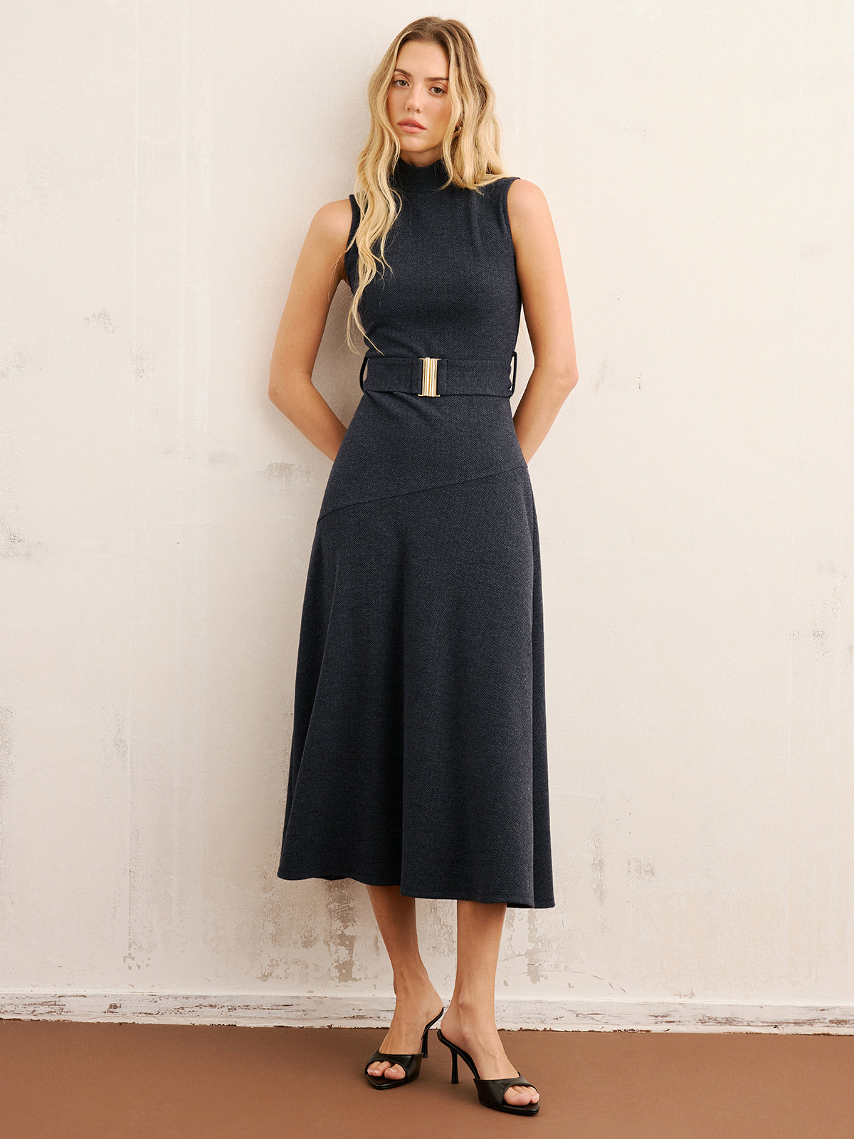 High Neck Sleeveless Belted Maxi Dress