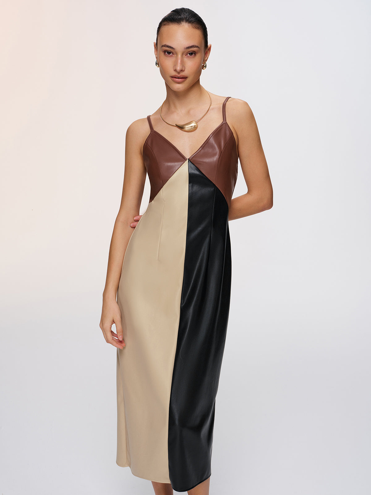 Color-Block Kunstleder-Cami-Kleid
