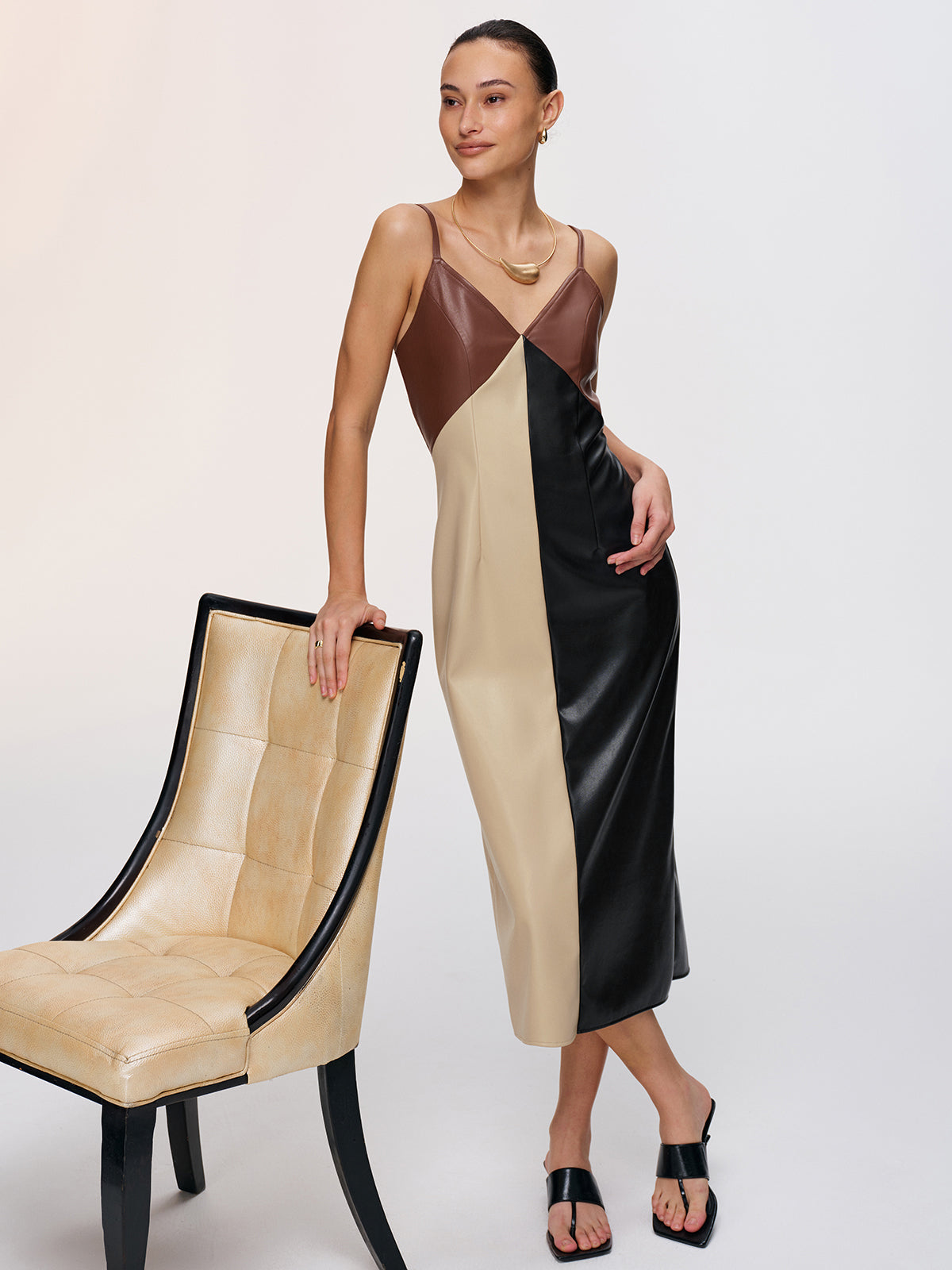 Color-Block Kunstleder-Cami-Kleid