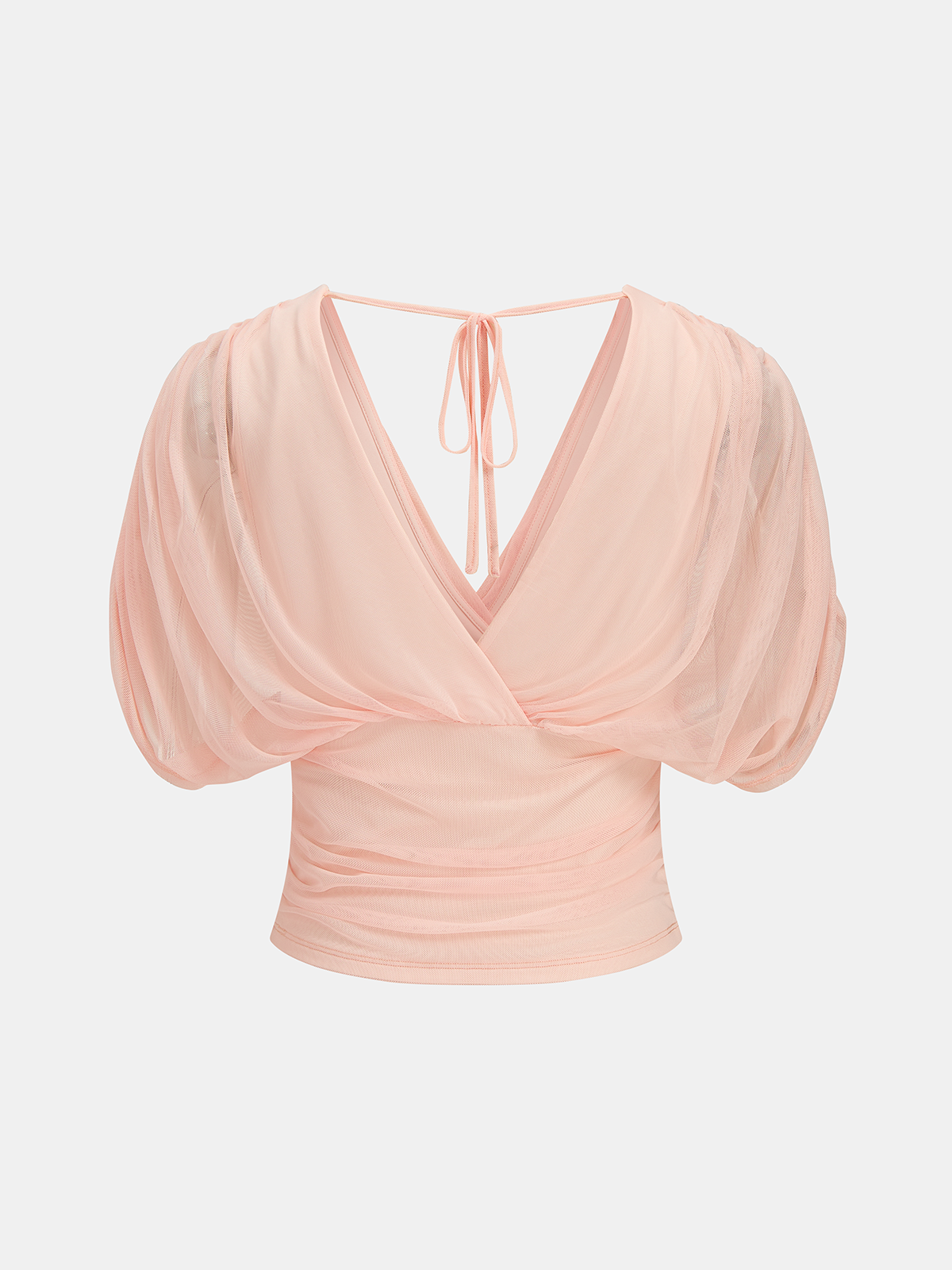 Mesh Puff Sleeve Deep V Neck Top