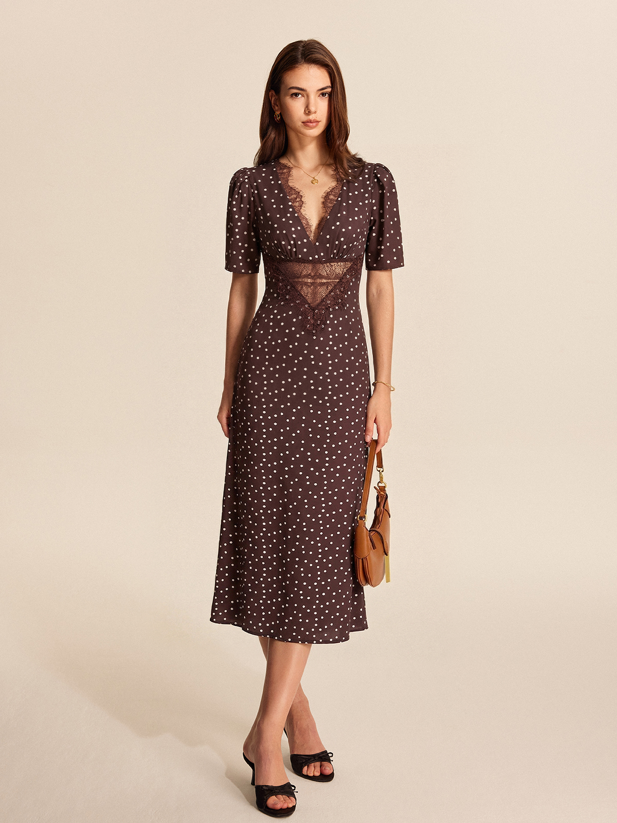 Lace Panel Polka Dot Short Sleeve Maxi Dress