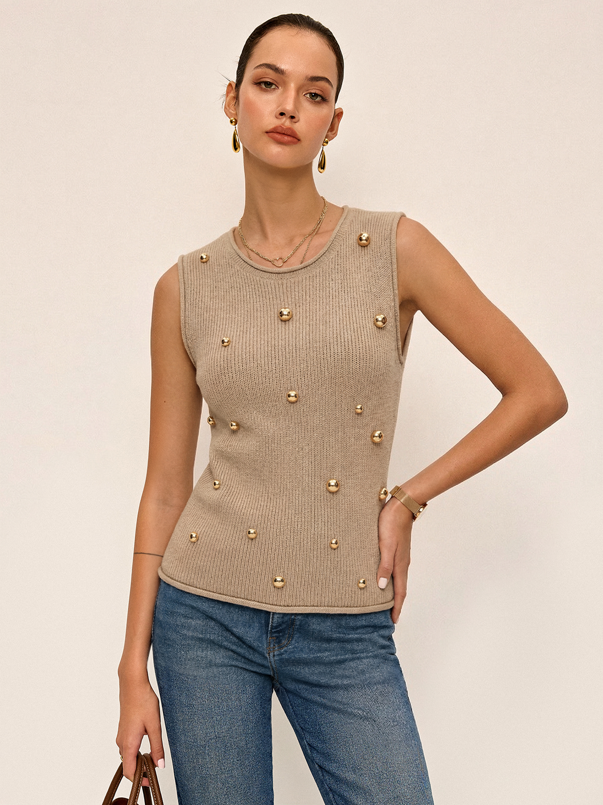 Metal Stud Embellished Knit Vest