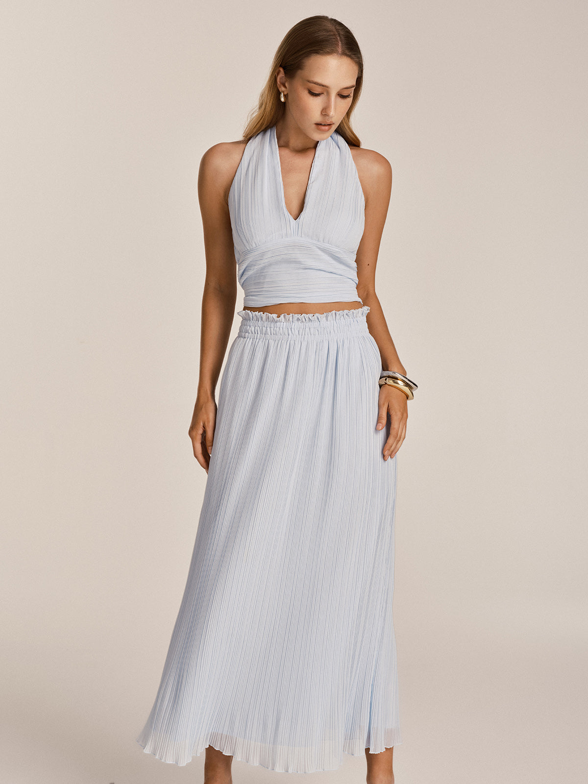 Plissé Halter Crop Top & Maxi Skirt Set