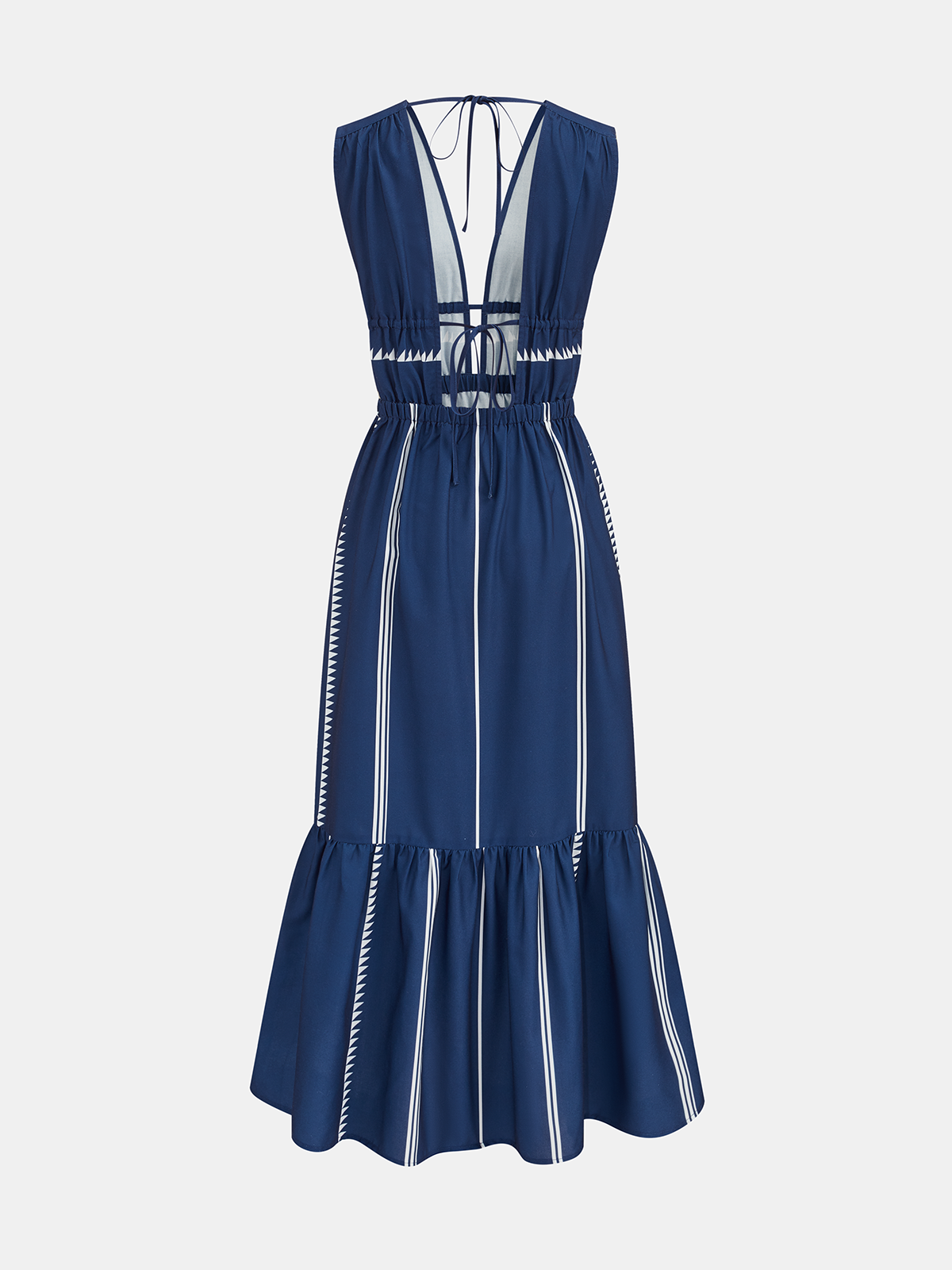 Striped Deep V Neck Ruffle Midi Dress