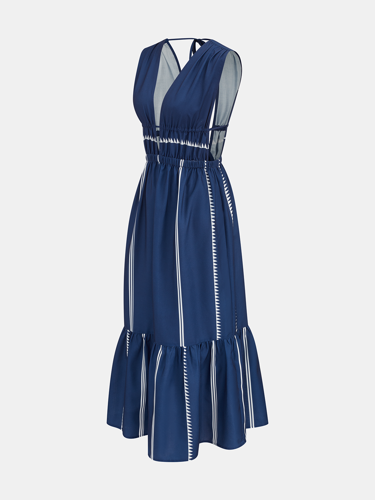 Striped Deep V Neck Ruffle Midi Dress