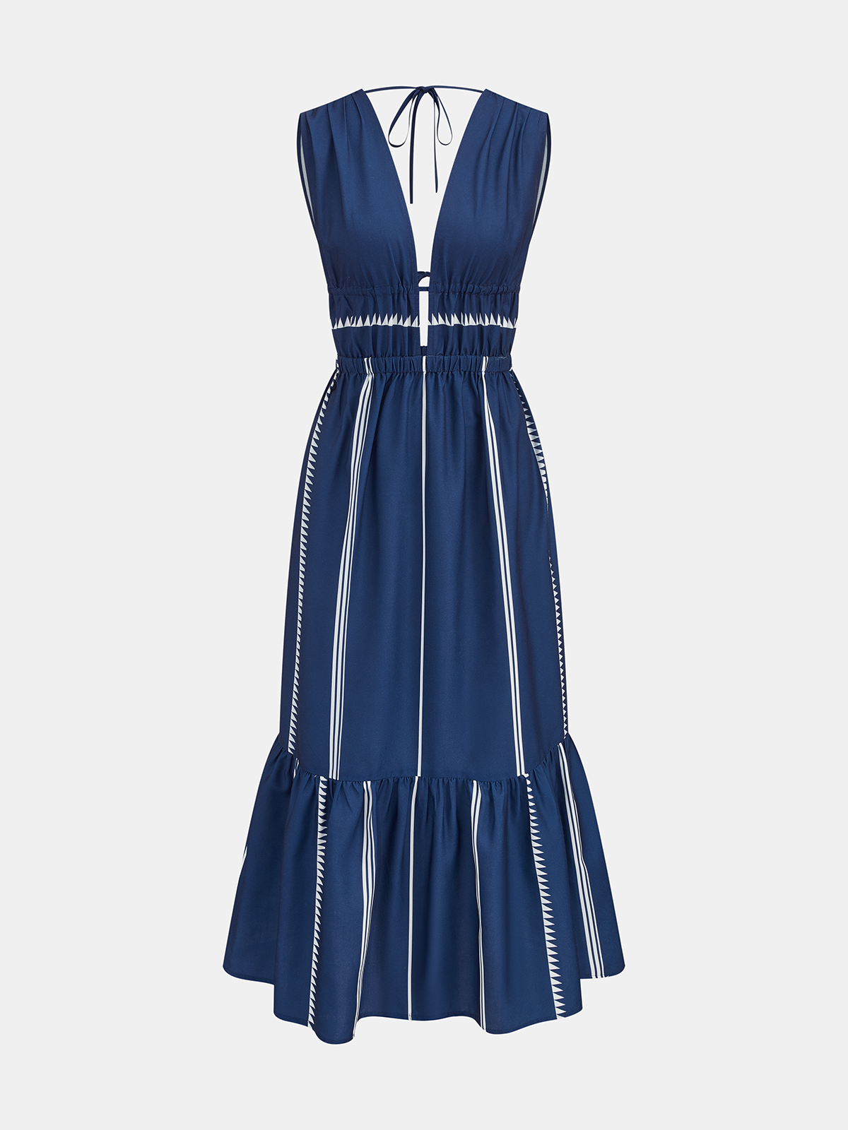 Striped Deep V Neck Ruffle Midi Dress