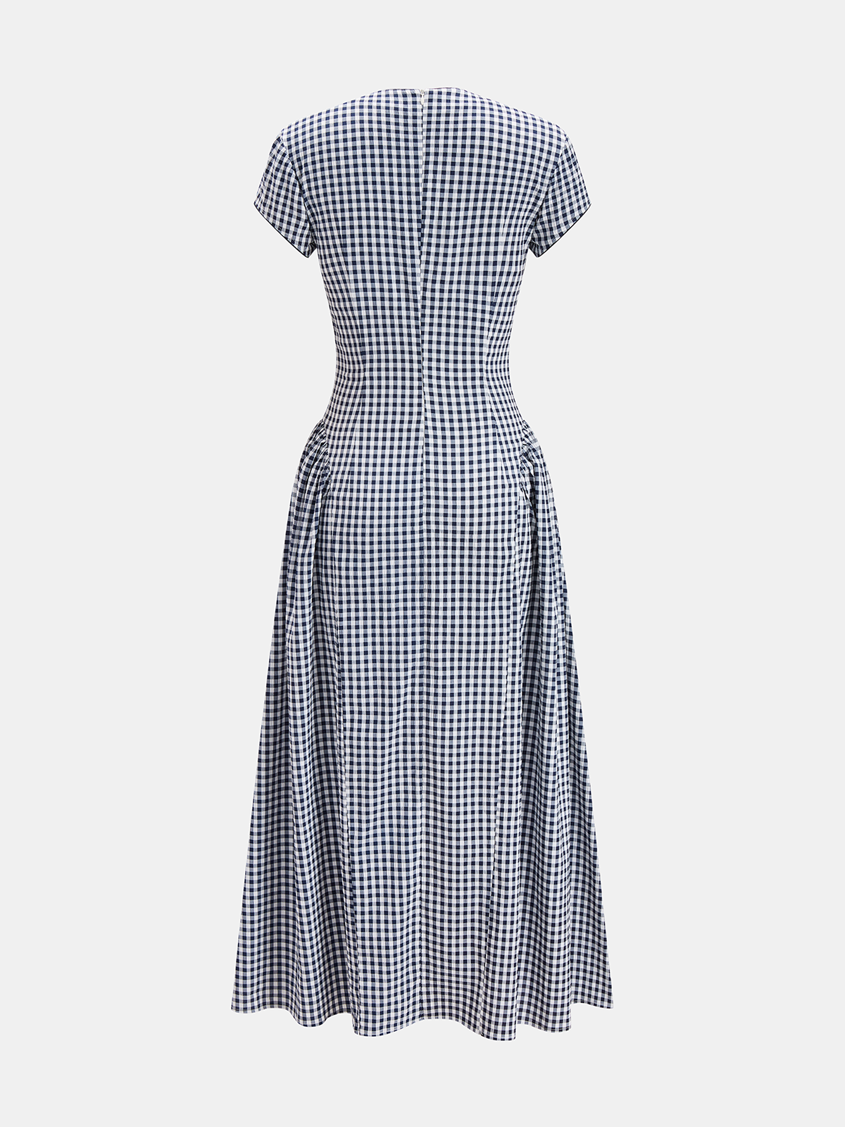 Gingham-Froschknopf-Kurzarm-Midikleid