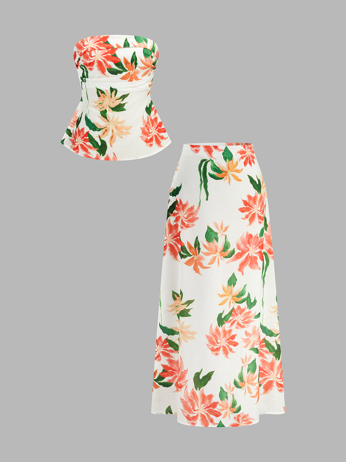Floral Print Strapless Top & Midi Skirt Set