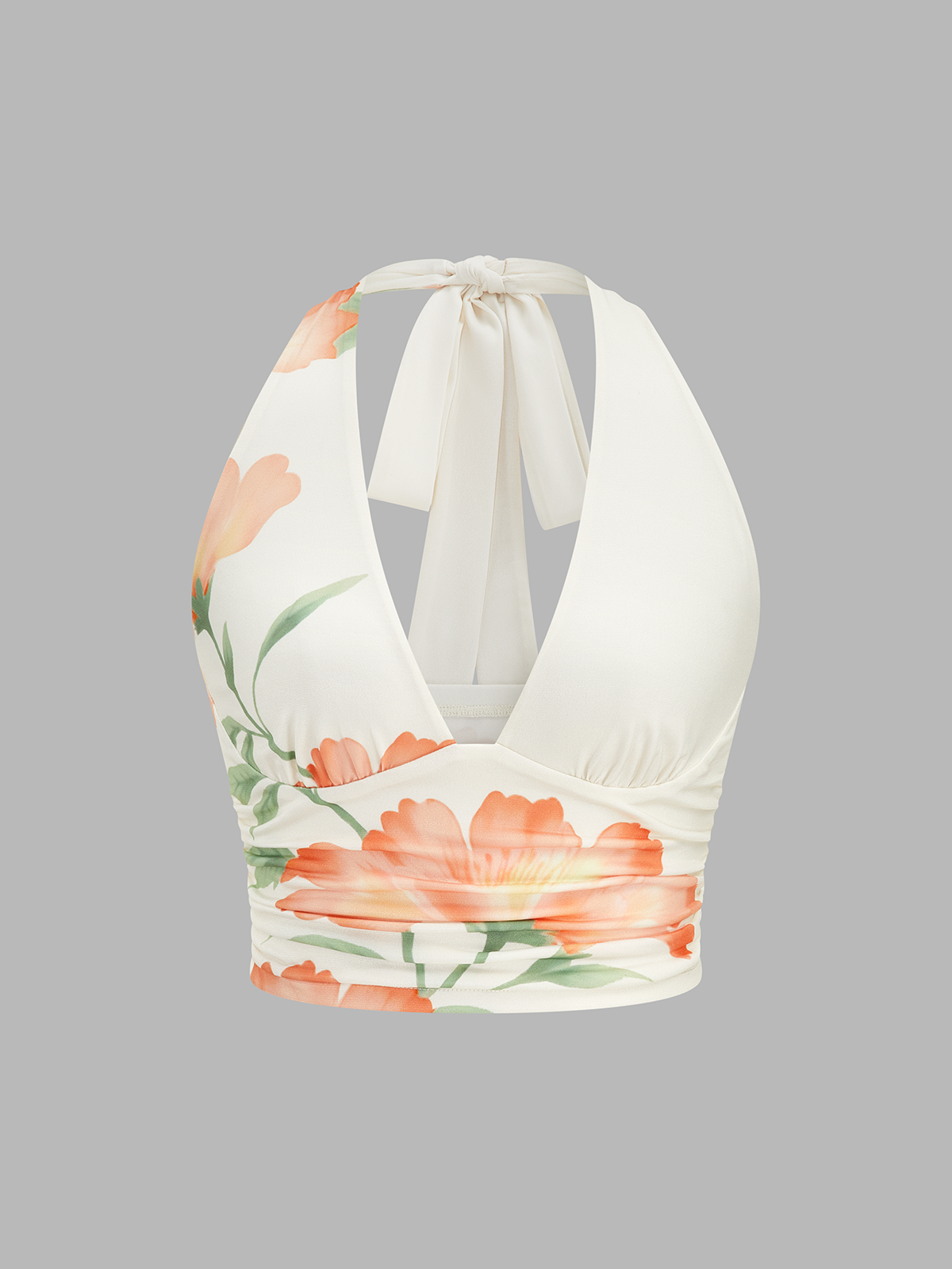 Floral Print Halter Crop Top & Ruched Skirt Set