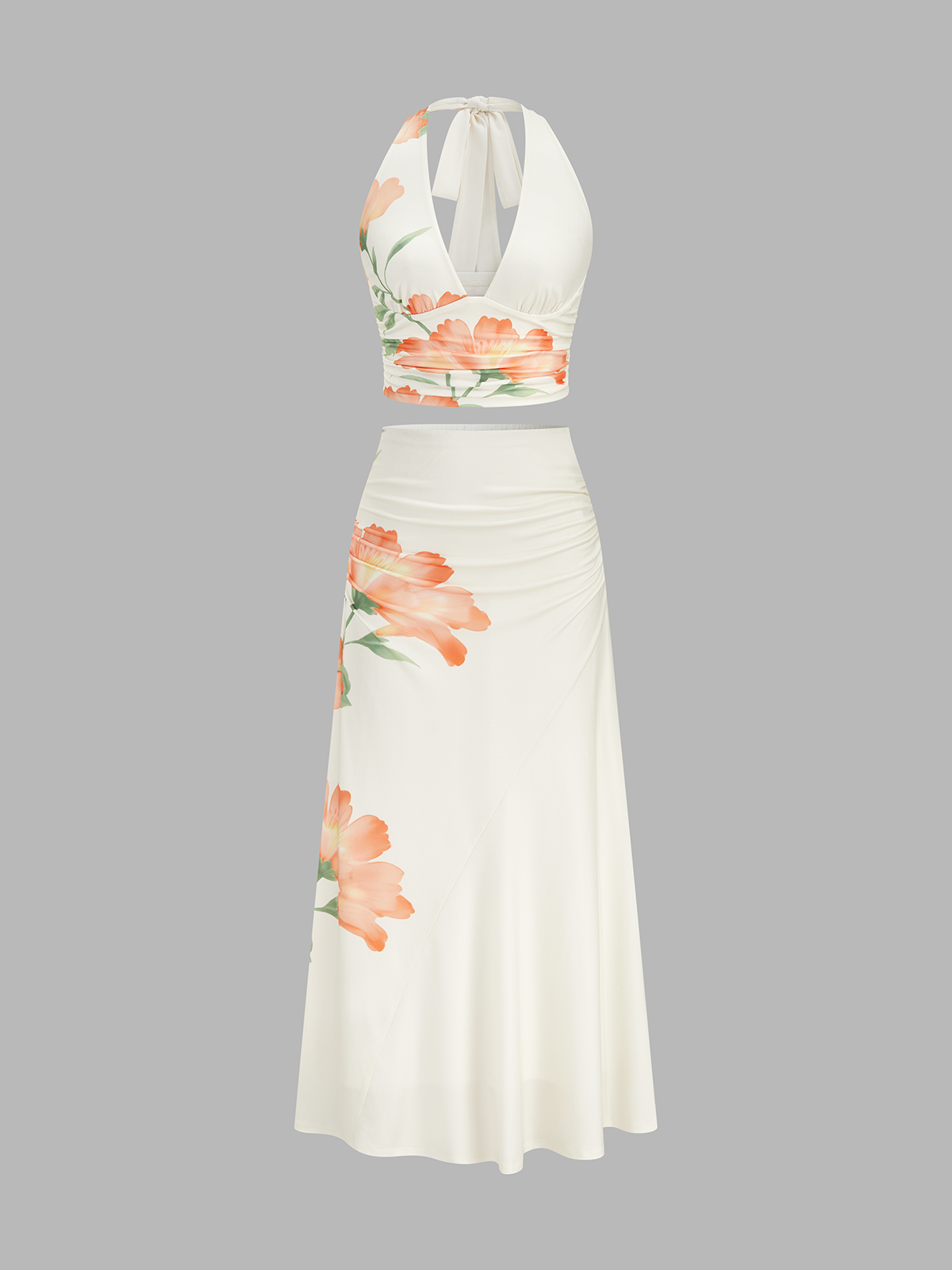 Floral Print Halter Crop Top & Ruched Skirt Set