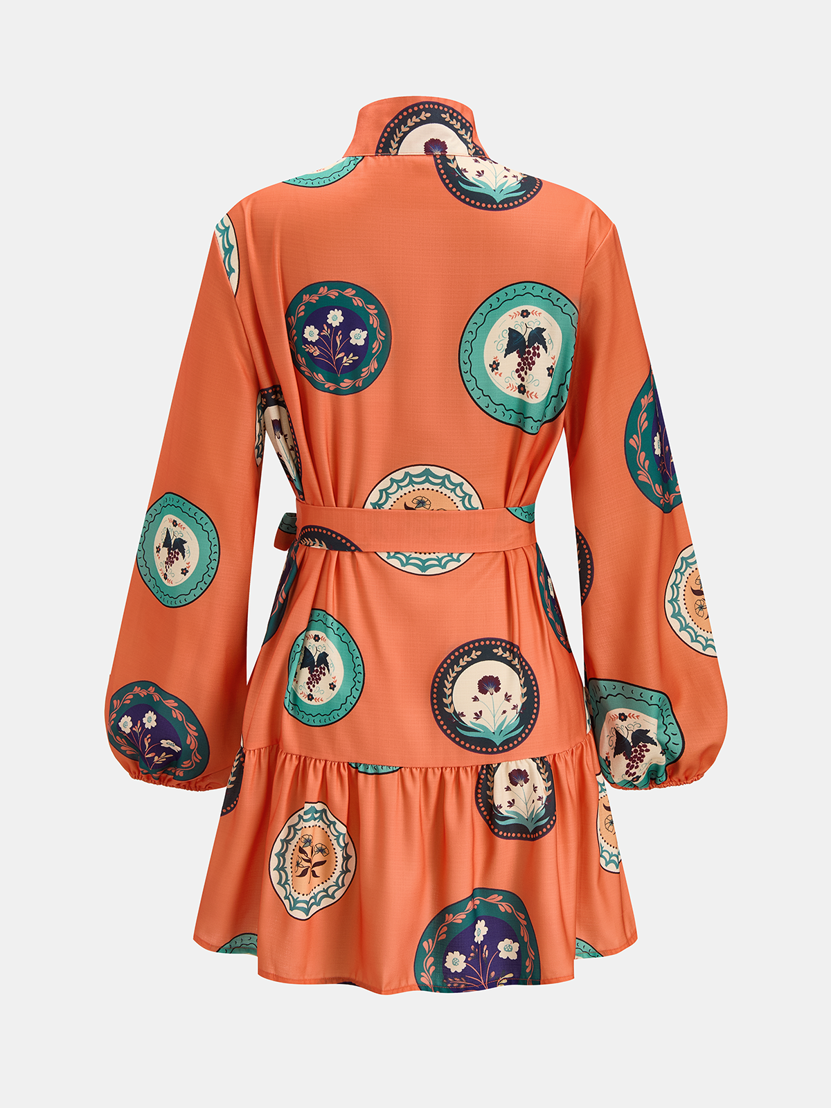 Printed Belted Cotton Linen Long Sleeve Mini Dress