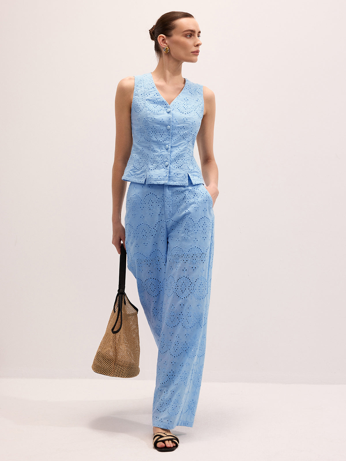Cotton Eyelet Embroidered Vest & Pants Set
