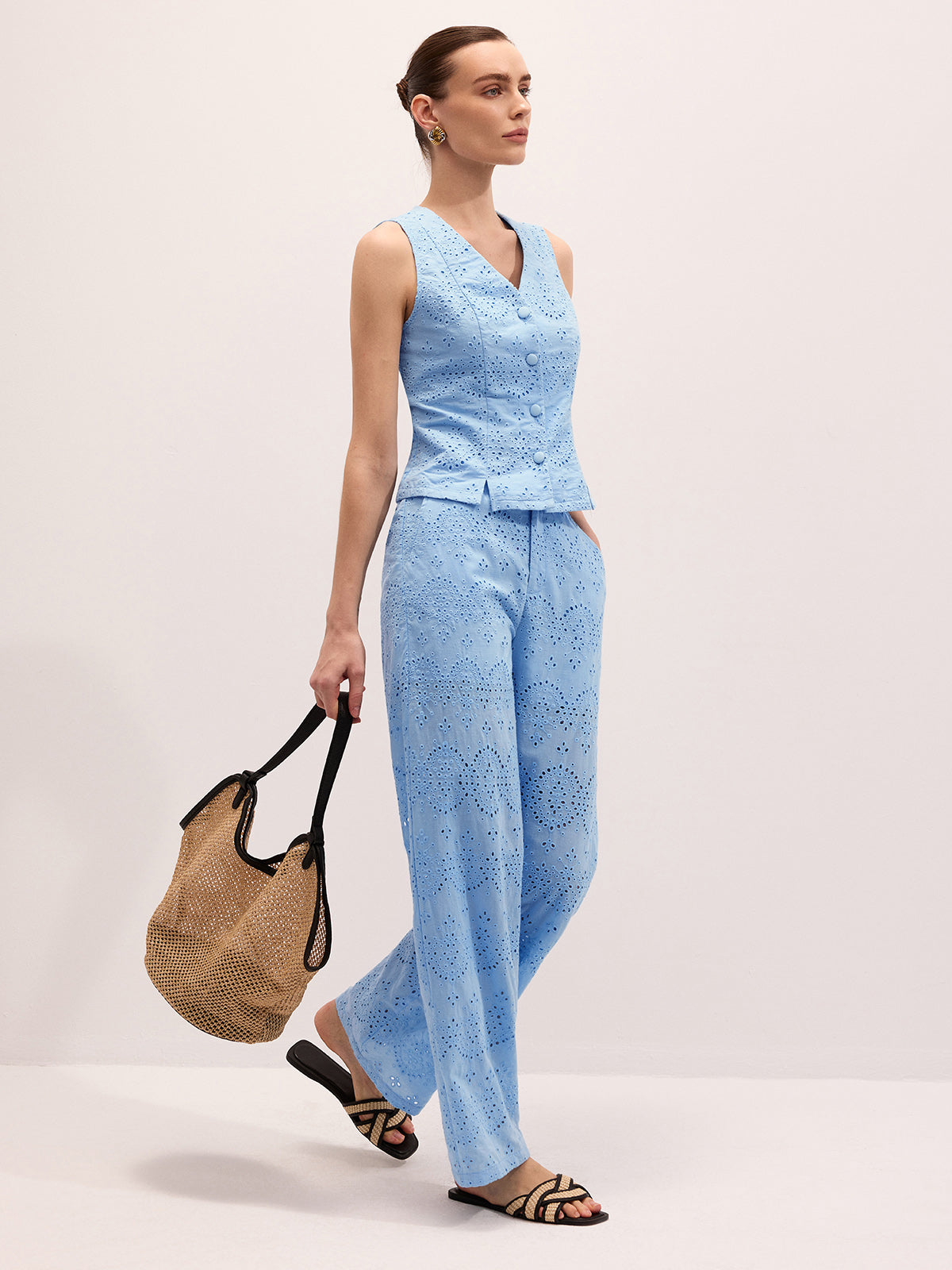Cotton Eyelet Embroidered Vest & Pants Set