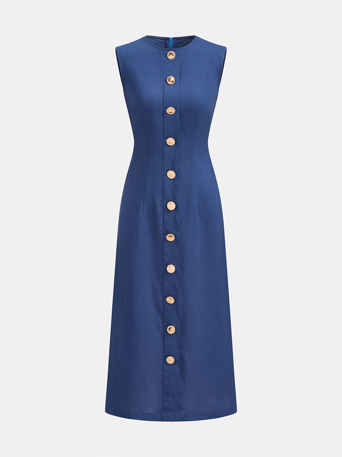 Sleeveless Metal Detail Linen Blend Midi Dress