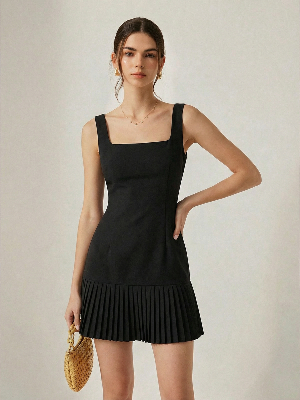 Square Neck Pleated Hem Mini Dress