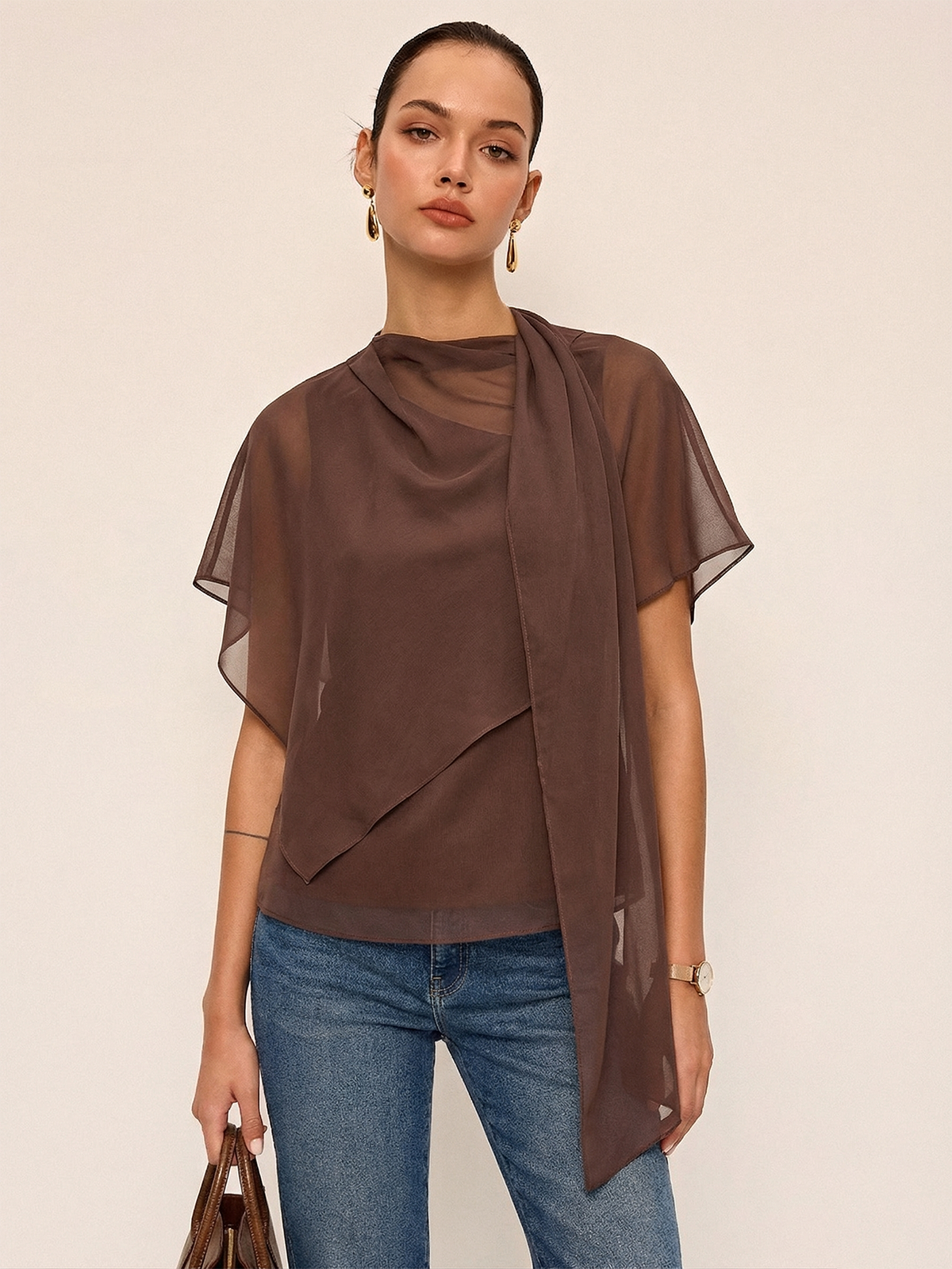Sheer Scarf Top & One-Shoulder Top Two-Piece Set