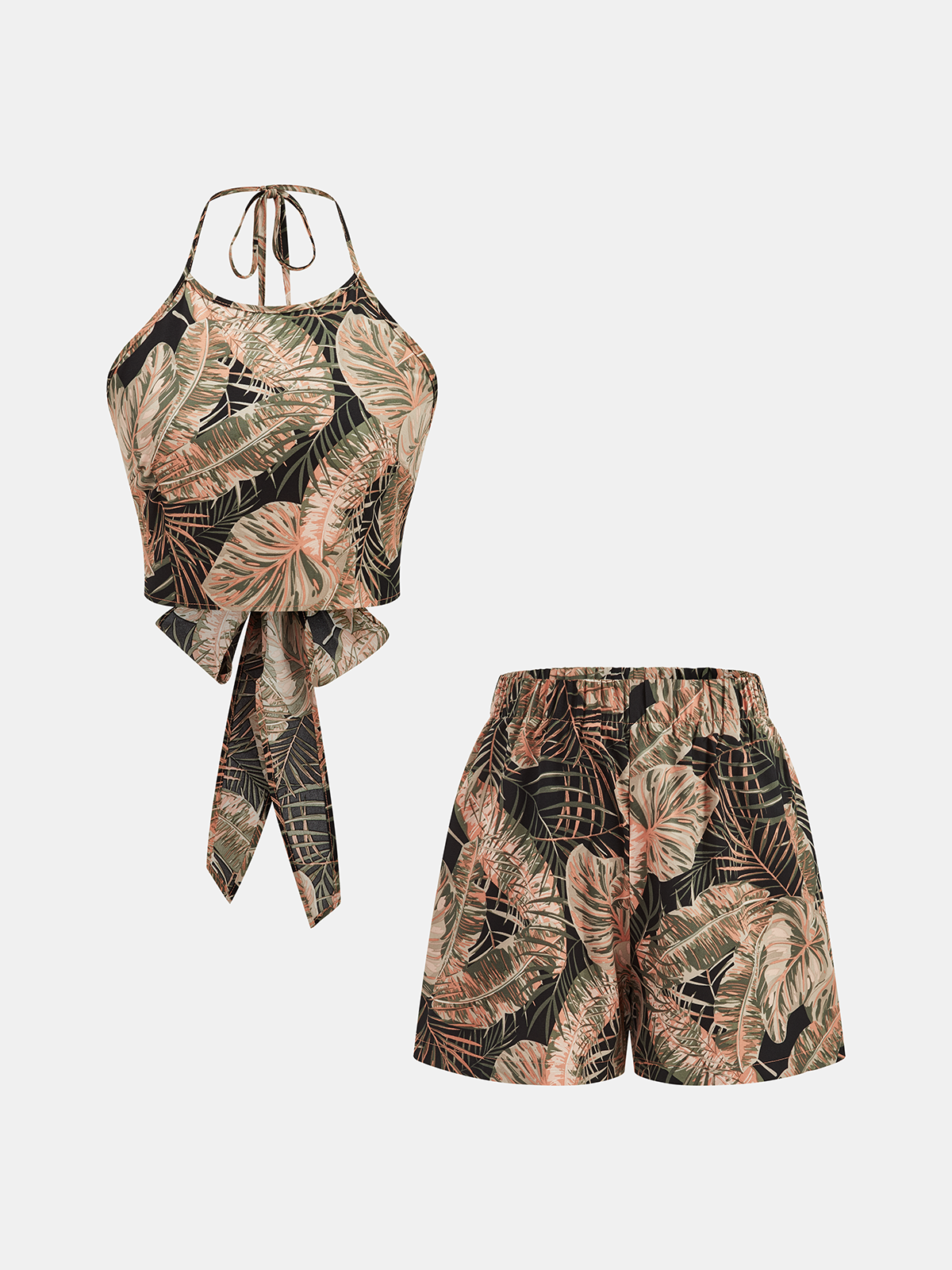 Tropical Leaf Print Halter Crop Top & Shorts Set