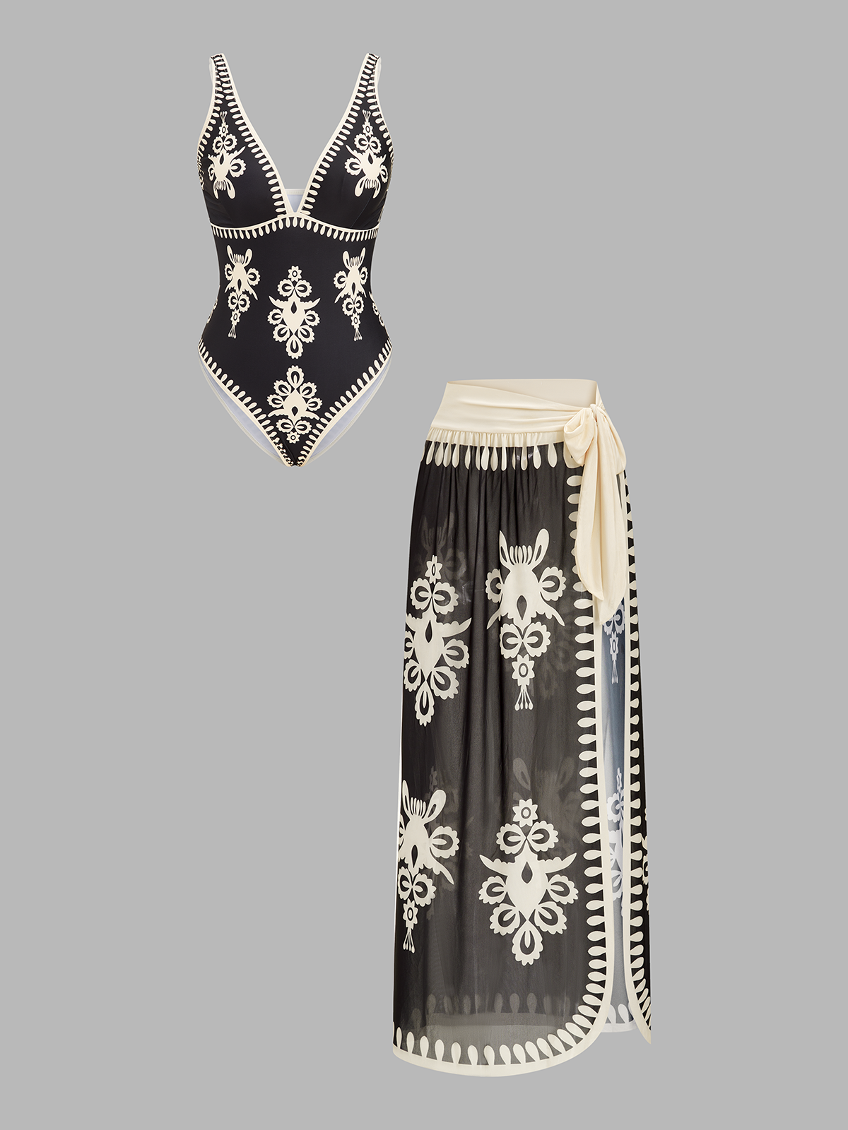 Ethnic Print One Piece Swimsuit & Sarong Set