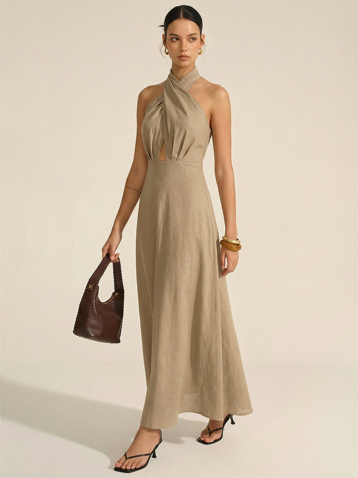 Cotton Linen Halter Neck Cut-Out Maxi Dress