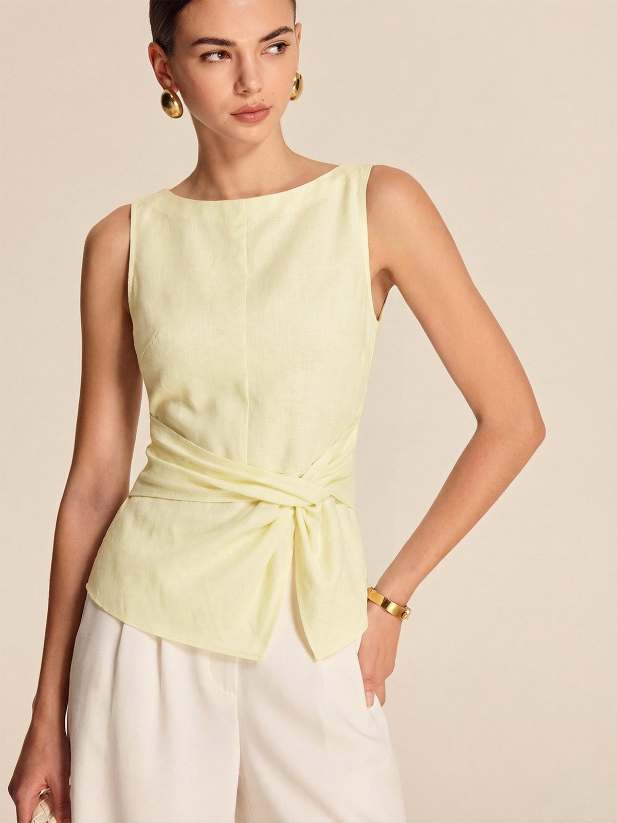 Twisted Waist Linen Blend Sleeveless Blouse